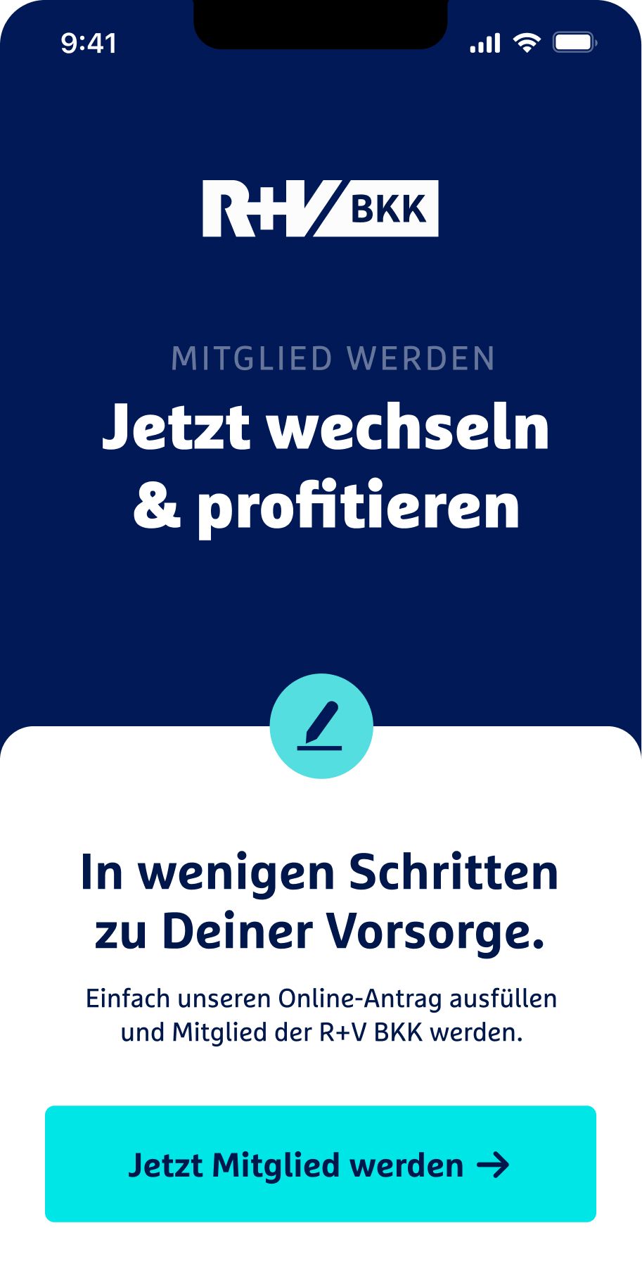 Screenshot einer App-Werbung für die Mitgliedschaft bei R+V BKK. Der Text lautet: Mitglied werden. Jetzt wechseln & profitieren. In wenigen Schritten zu Deiner Vorsorge. Einfach unseren Online-Antrag ausfüllen und Mitglied der R+V BKK werden. Unten befindet sich ein Button mit der Aufschrift Jetzt Mitglied werden.