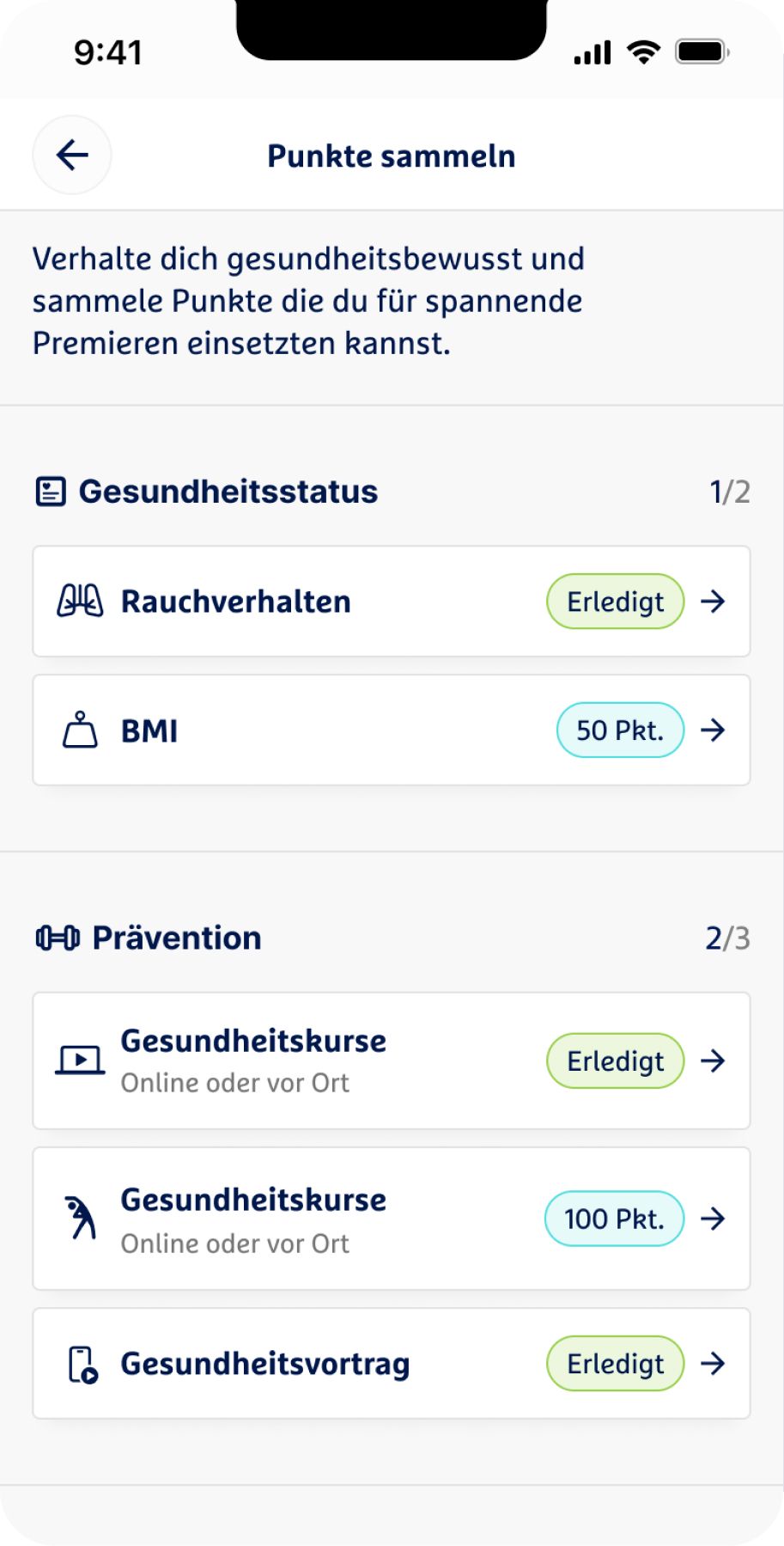 Screenshot einer App mit dem Titel Punkte sammeln. Es zeigt verschiedene Aktivitäten, für die man Punkte sammeln kann: Rauchverhalten, BMI, Gesundheitskurse, Gesundheitsvortrag.