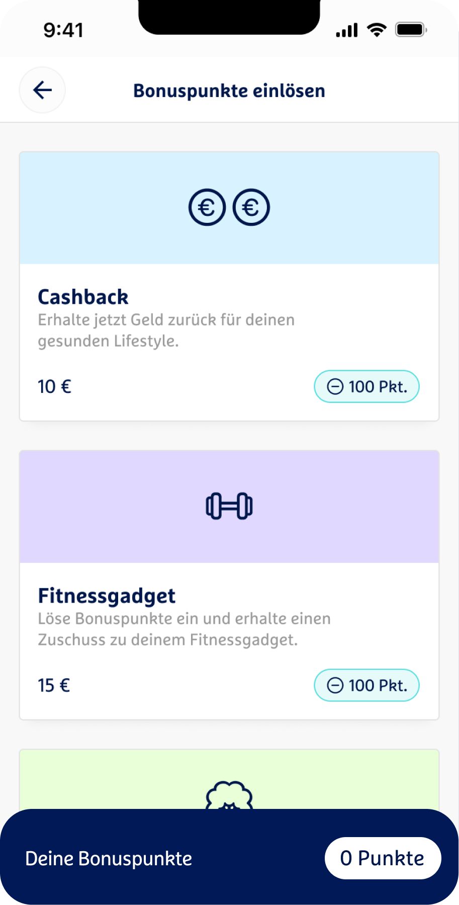 Screenshot einer App mit dem Titel Bonuspunkte einlösen. Es zeigt zwei Prämienoptionen: Cashback für 10 € und Fitnessgadget für 15 €. Unten im Bild steht Deine Bonuspunkte: 0 Punkte.